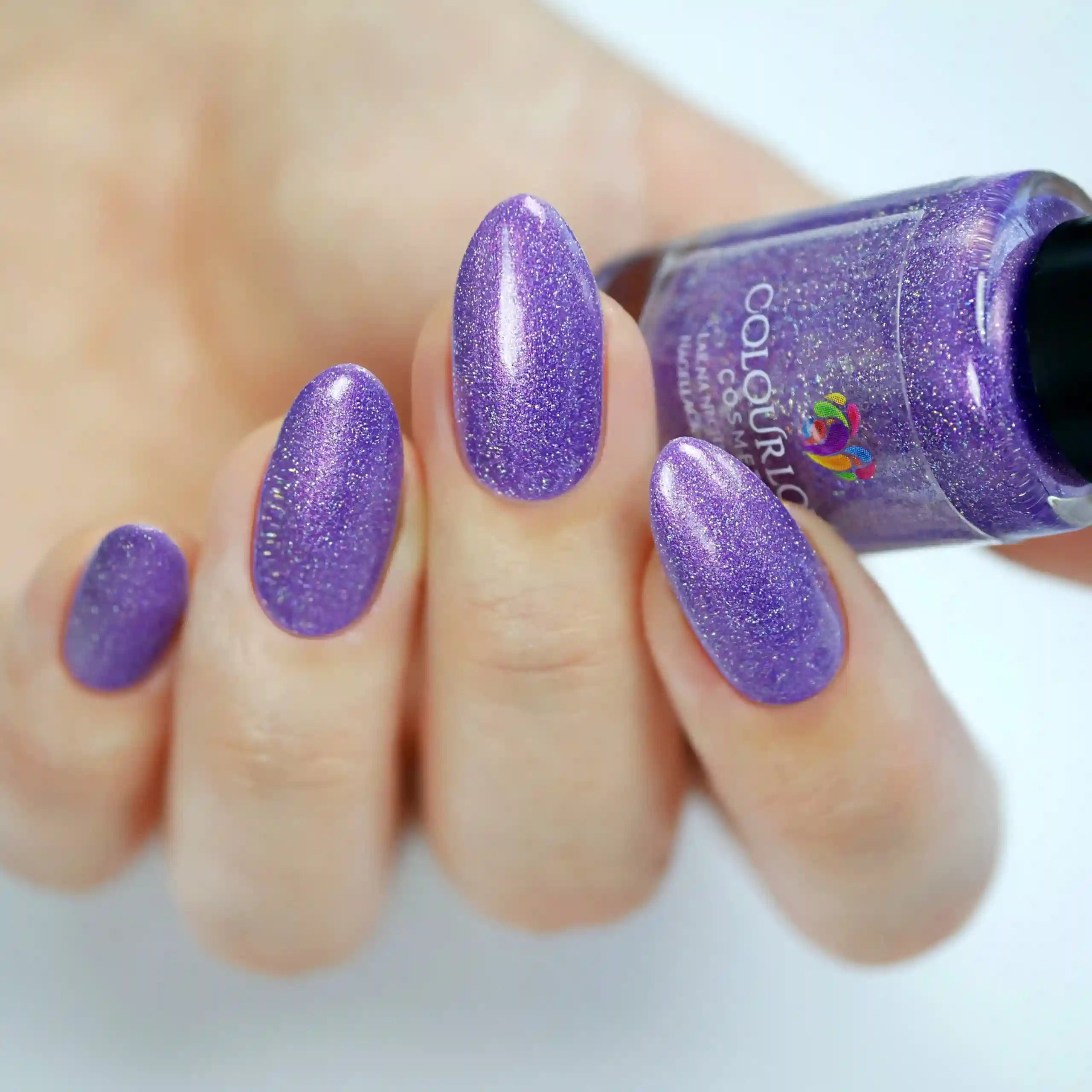 Amethyst – Vegan 10-free purple holographic nail polish with a shimmer finish, plant-based, and cruelty-free.