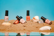 Soft nude and bronze shades with a holographic and metallic finish, perfect for summer manicures.