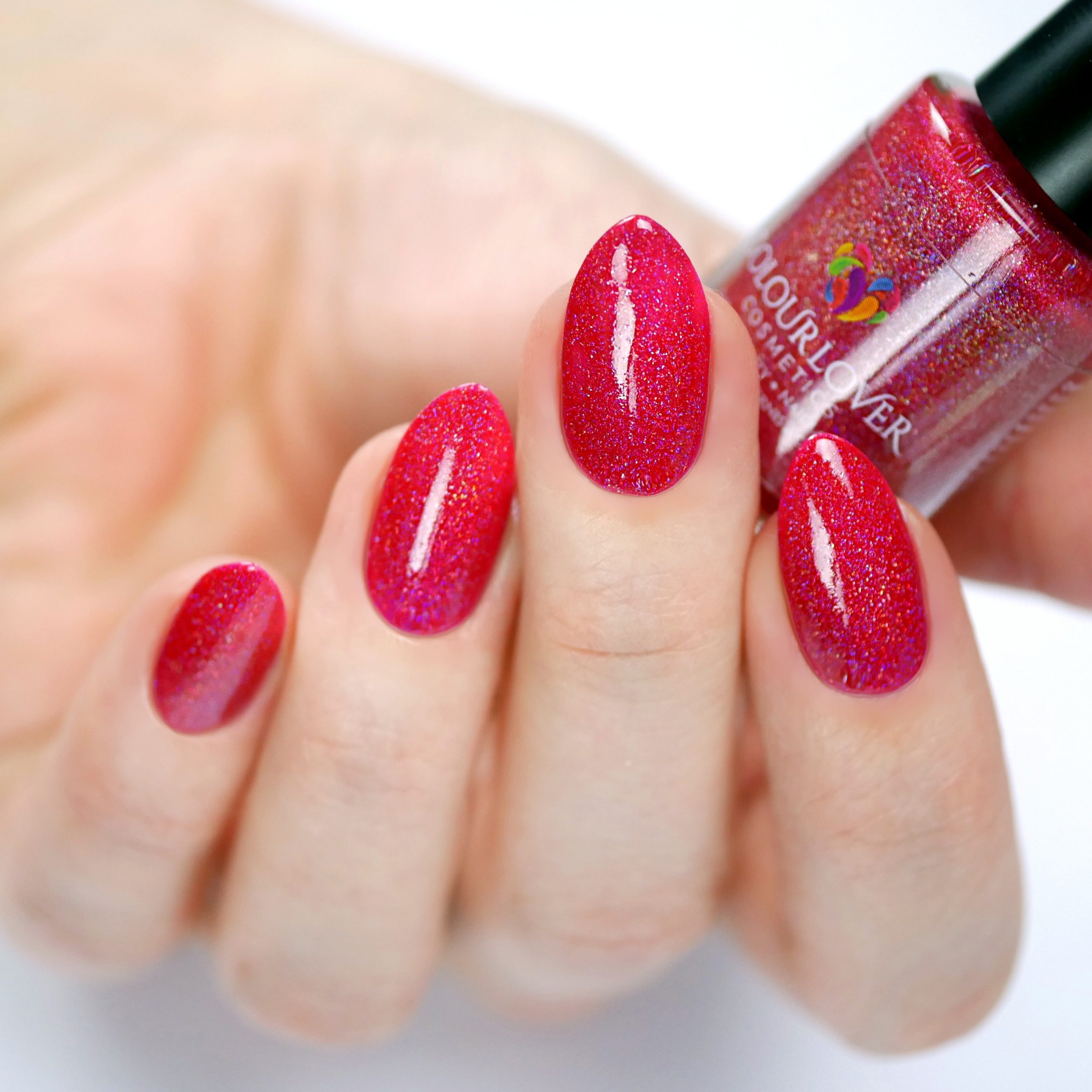 red nail polish with holographic pigment with plant based, 10-free, vegan, cruelty free, sustainable, safe and healthy formula handmade in Slovakia