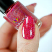 red nail polish with holographic pigment with plant based, 10-free, vegan, cruelty free, sustainable, safe and healthy formula handmade in Slovakia