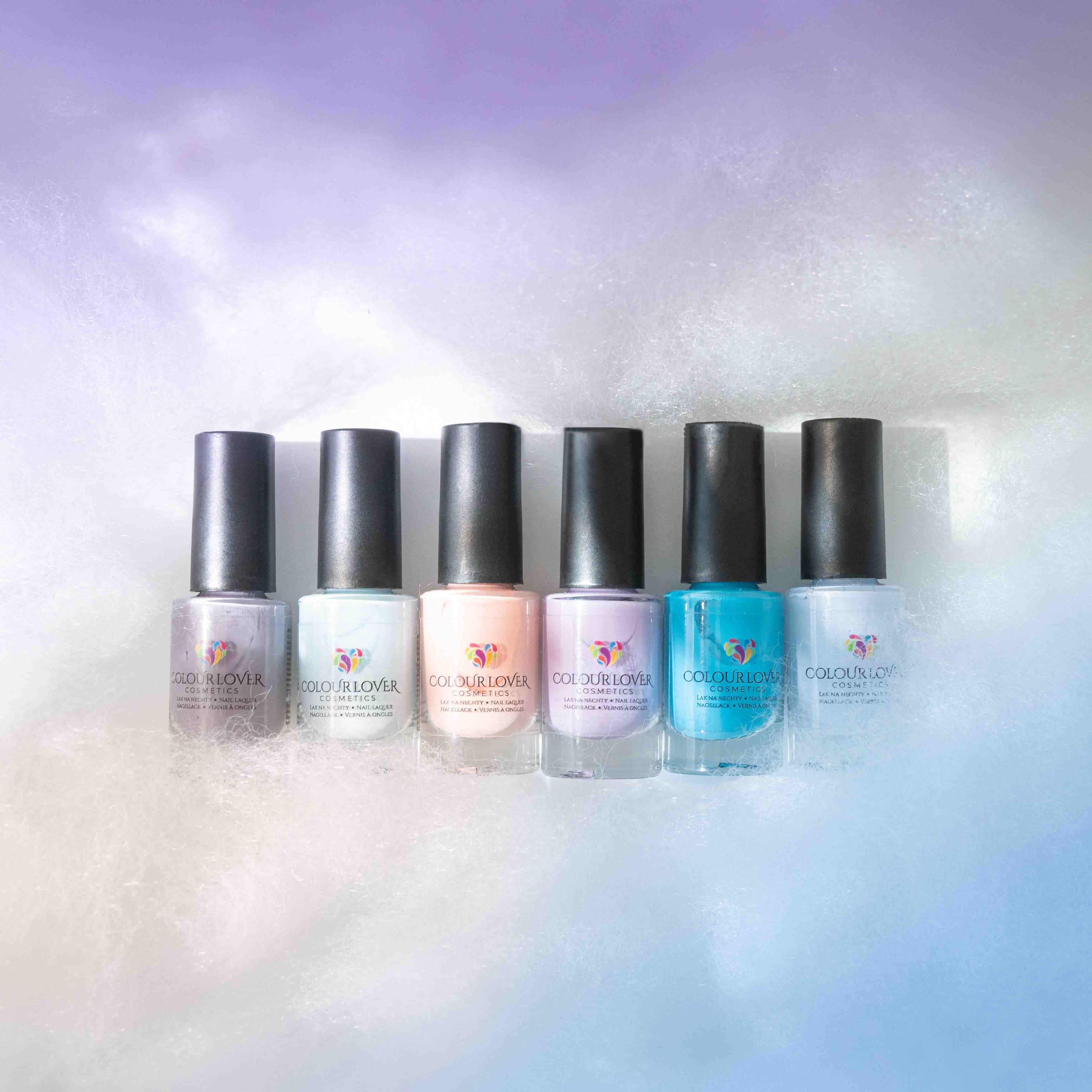 On Cloud 9 Collection – Vegan 10-free pastel nail polish trio in blue, purple, and white, plant-based, and cruelty-free