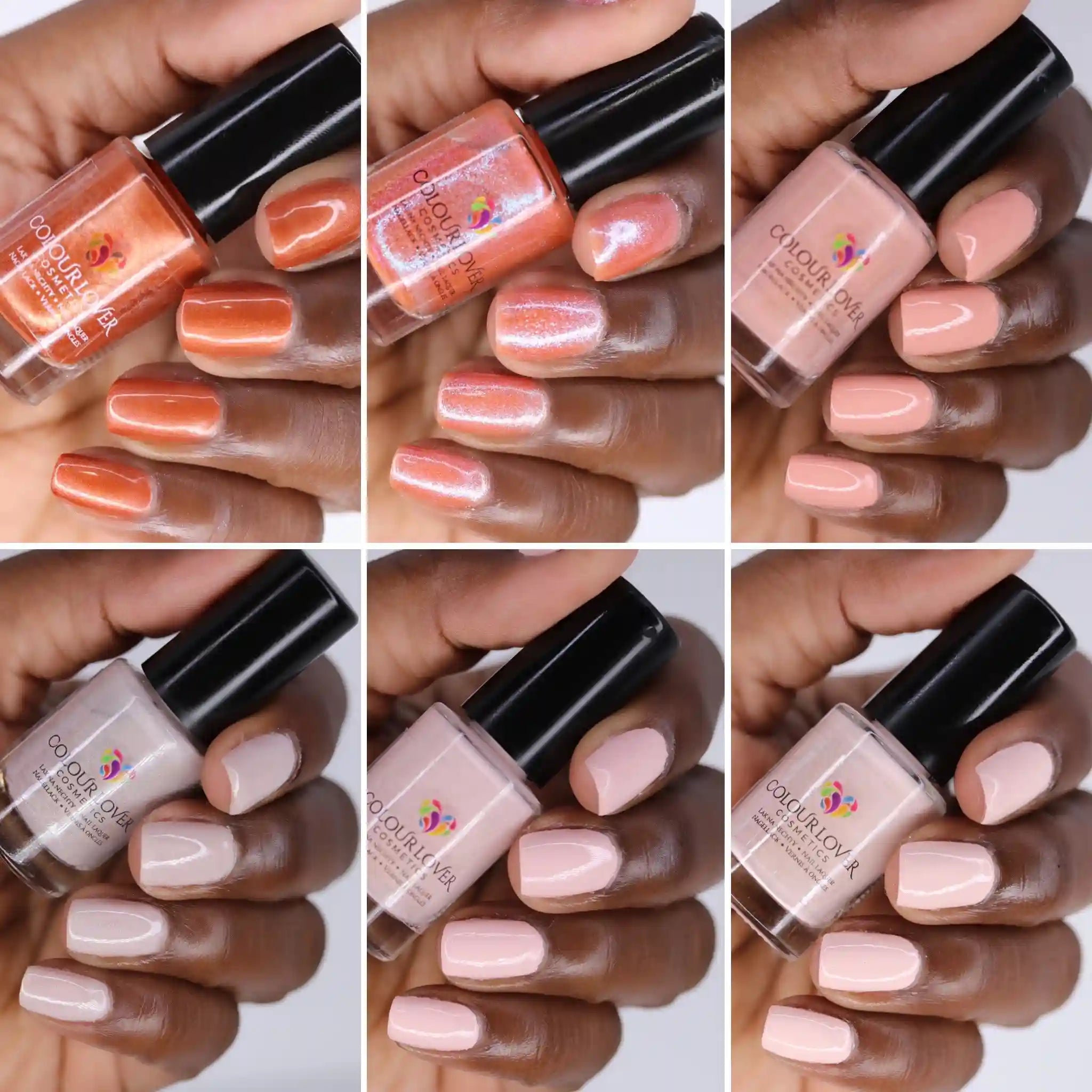 Soft nude and bronze shades with a holographic and metallic finish, perfect for summer manicures.