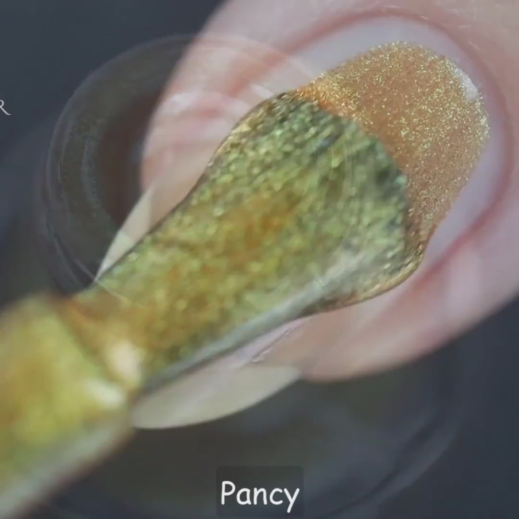 Pancy – Vegan 10-free duochrome gold nail polish shifting brick red to green, plant-based, and cruelty-free