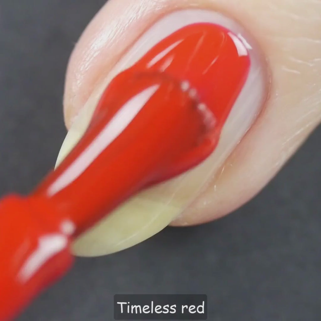 Timeless Red – Vegan 10-free classic red nail polish with a cream finish, plant-based, and cruelty-free.